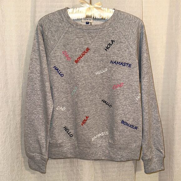 Court & Rowe XS “Hello” in Many Languages Embroidered Crewneck Gray Sweatshirt - Picture 3 of 13